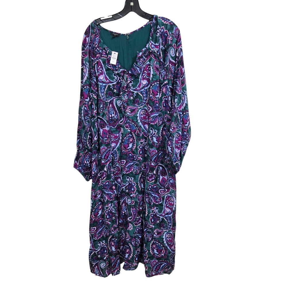 Talbots Midi Dress Women 22W Green Paisley Ruffle V-Neck Long Sleeve Viscose NEW